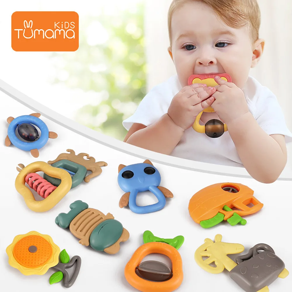 

Tumama 4pcs 6pcs 10 pcs/set Baby Rattles Toys Building Blocks Hand Hold Soft Jingle Shaking Baby Rubber Teethers Toys Bell