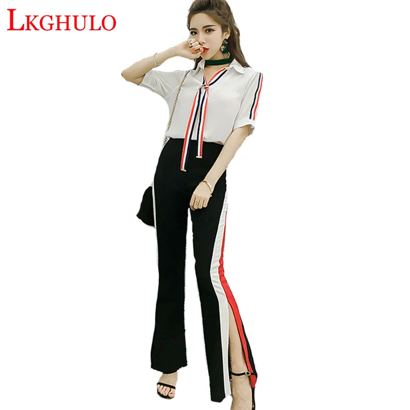 

2018 New Fashion 2 Piece Clothing Set Women Crop Top Pants Side Split Set Ladies Sexy Tracksuit Summer Suit Set White/Black A510