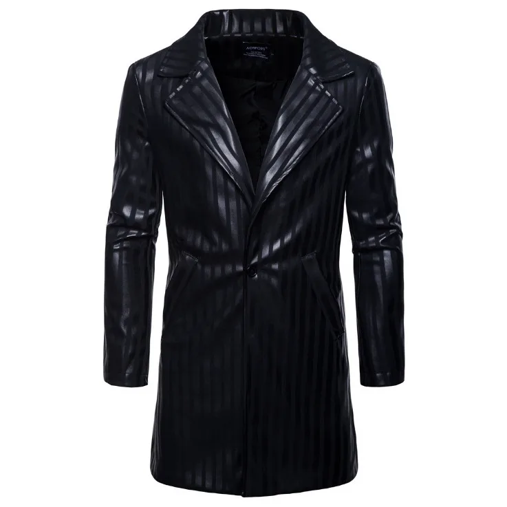 

Europe/US size Leather Jacket Men British Style Single Button Long Suit Leather Jacket Autumn Stripe Male Leather Jackets Coats