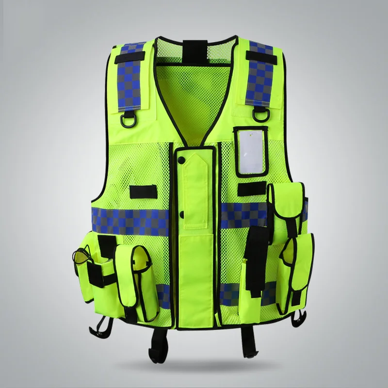 Регулируемый размер многофункциональный мульти карманы безопасности светоотражающий жилет безопасности с синими и белыми светоотражающими полосками