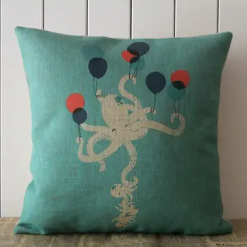 

LINKWELL Pillow Case Burlap Cushion Cover 18x18 inch Green Colorful Balloon Octopus Cute Pattern for Children Room Decoration