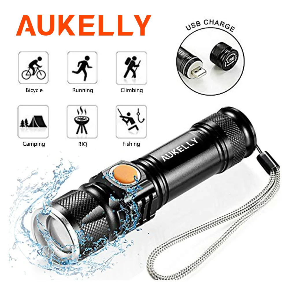 Aukely USB светодиодный фонарик Ручной перезаряжаемый фонарик для охоты мини Lanterna Q5 T6 аккумулятор высокой мощности Zoom тактический фонарик