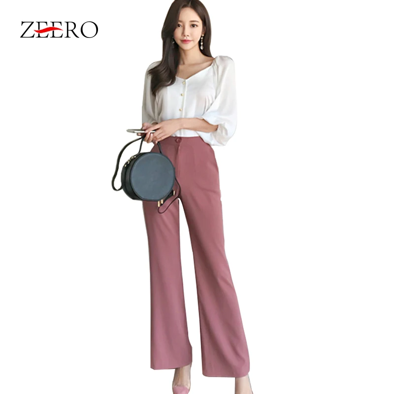 Spring Office Ladies 2 Pieces Set Lantern Sleeve White Blouse + Full Flare Pant Female Suits Elegant Wear to Work Women | Женская одежда