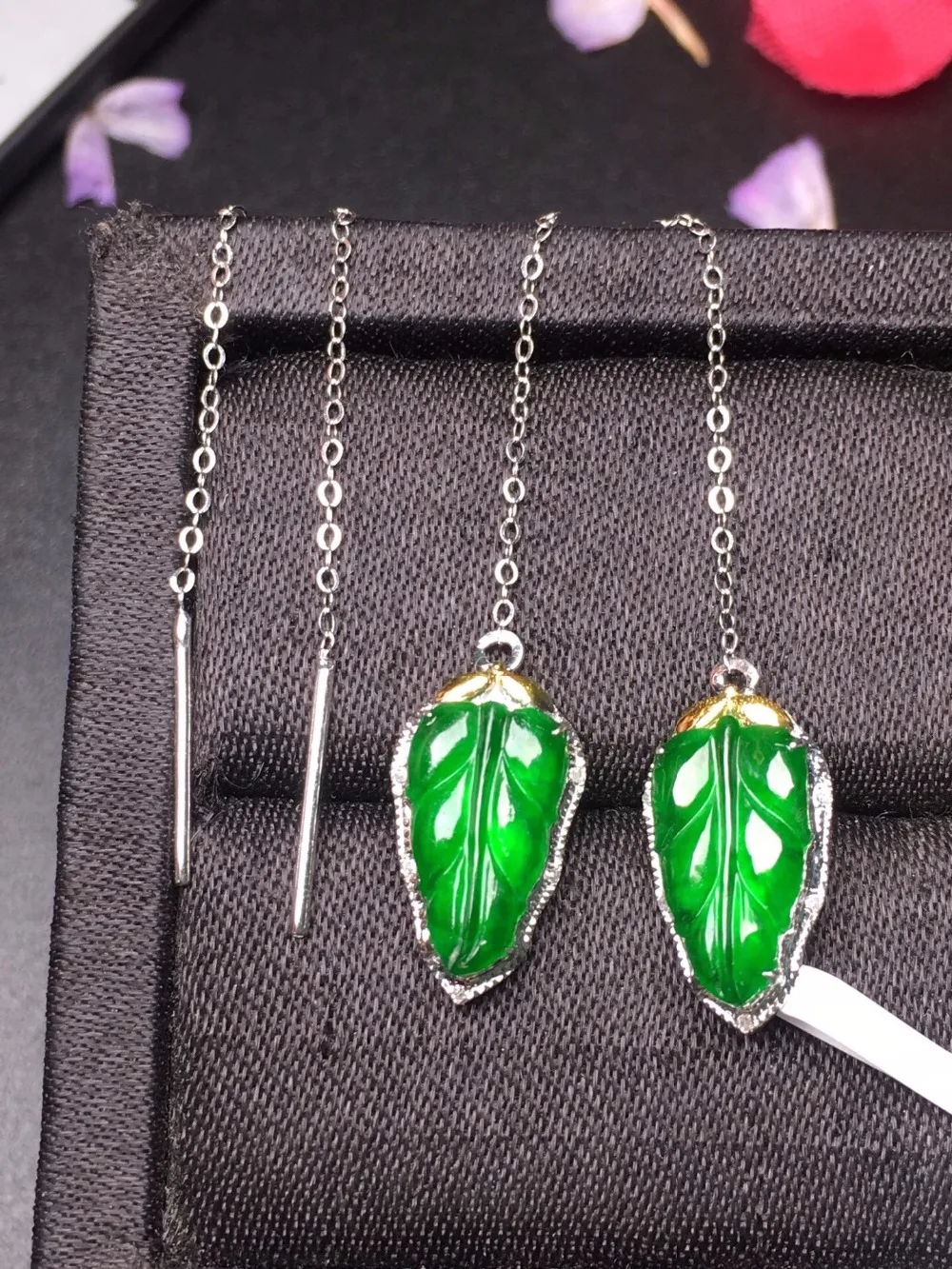 

427 Fine Jewelry Pure Real 18 K White Gold AU750 100% Natural Green Jade Amulet Gemstone Myanmer Origin Drop Earrings for Women