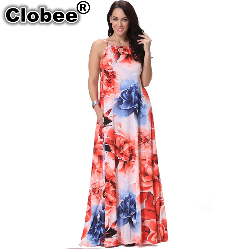 Party Plus Size Summer Dress ukraine Floral Print Maxi Dresses Women Beach Ice Silk Sleeveless big swing Long Sundress | Женская одежда