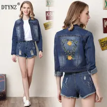DTYNZ Cropped Jean Jacket Navy blue Chrysanthemum Embroidery Women Short Denim Jackets Ms. Casual Slim Jeans Coat Long Sleeve 