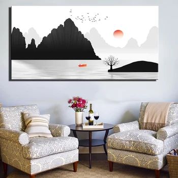 

Chinese Traditional Style Ink landscape Painting Print On Canvas Black And White Color Simple Design Landscape Poster Home Decor