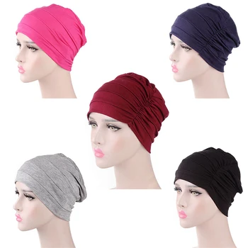 

Women Turban Hat India Muslim Ruffle Chemo Hat Beanie Scarf Head Wrap Elastic Stretchy Cap Solid Color