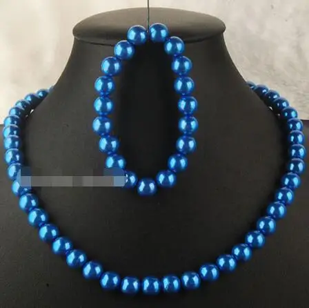 

FREE SHIPPING HOT sell new Style >>>> 10mm Blue shell Pearl Necklace Bracelet Set man-made 7" 18.5" G4423