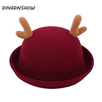 

[DINGDNSHOW] 2019 New Fedoras Hat Kid Cartoon Wool Cap Horns Lovely Winter Hat Warm Bowler Derby Floppy for Girl
