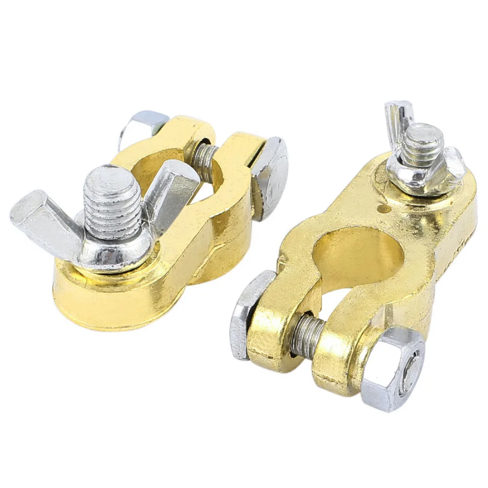 Pair Gold Tone Brass Universal Car Battery Terminal Clamp Clips