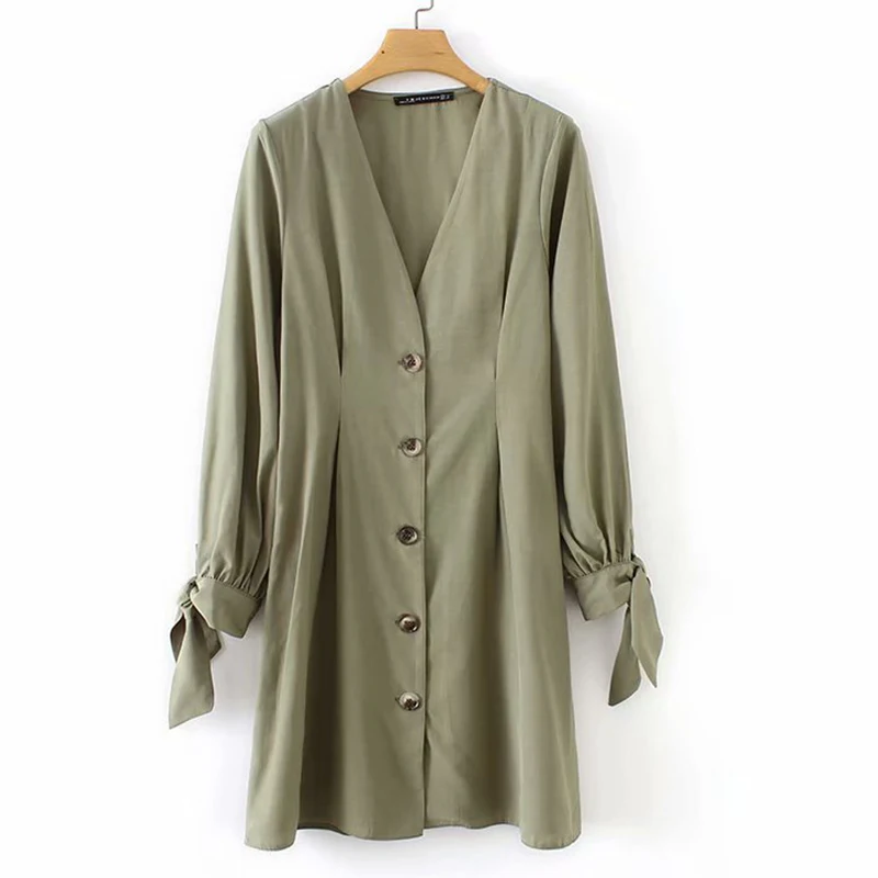 Women's Clothing Dress 2019 Tencel Cotton Knotted Sleeve Button V-Neck Dress Ms Summer Street Sexy Slim Fit Temperament Clothing