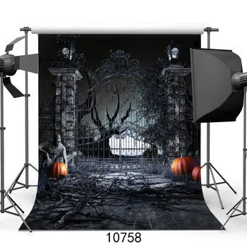 

Halloween Backgrounds For Photo Studio Evil Pumpkin Garden Gate Dying Tree Baby Childen Birthday Photo Shoot Backdrops Vinyl 3D