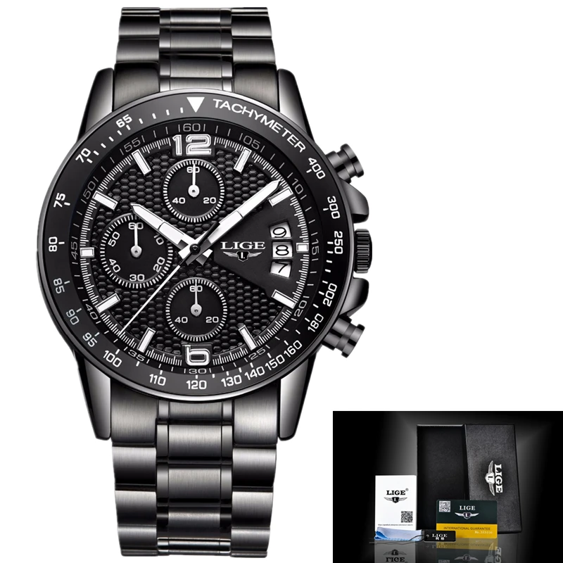 LIGE Men Full Steel Watches Male Fashion Sports Watch Black Quartz Clock Man Military Waterproof Wristwatches Relogios Masculino
