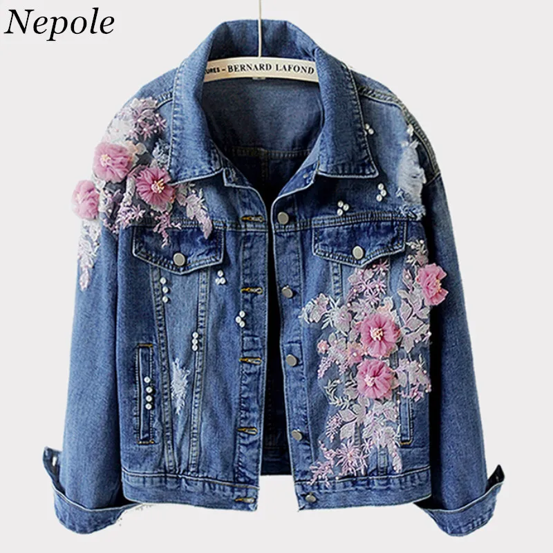 

Neploe Pocket Beading Women Denim Jacket 2019 Spring Autumn 3D Flower Appliques Outwear Single Breasted Casual Loose Coat 69590