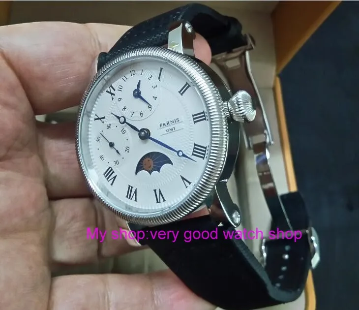 44mm PARNIS Moon Phase Mechanical Hand Wind movement men