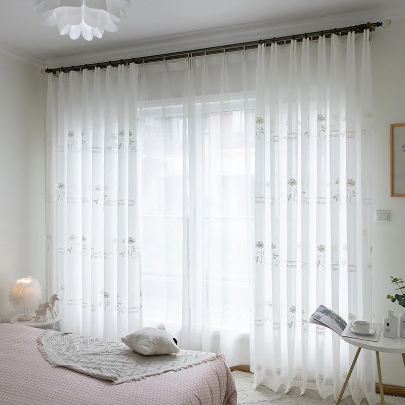 

White Embroidery Flower Screens European Style Voile Tulle Sheer for Bedroom Living Room Windows Curtain M051&30