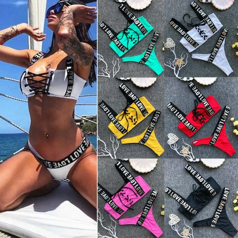 

Women Summer Sport Swimwear Bikini Set Letter Print Push-up Padded Bra Bathing Suit Swimsuit Beachwear Plus size S-XXL