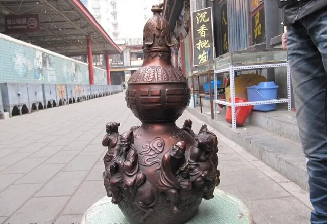 

Collectible bronze lion statue S0414 14"Chinese Red Bronze Buddhism fable famous The Eight Immortals God By Sea gourd B0403
