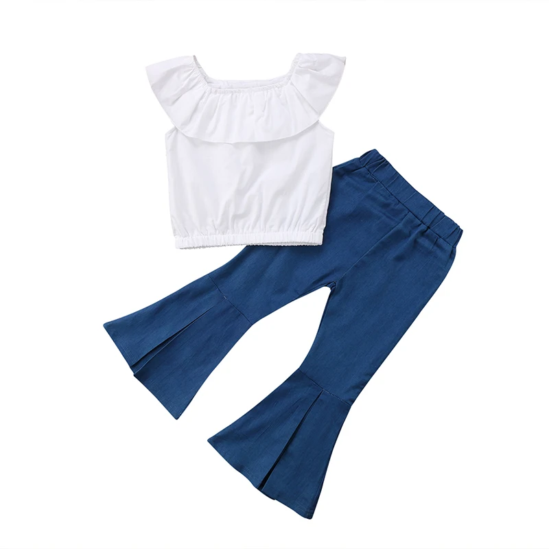 

New Fashion Toddler Kids Girl Clothing Set Summer Sleeveless Cape Collar White T-shirt Tops+Flared Pant Bell Bottom 2PCS Clothes