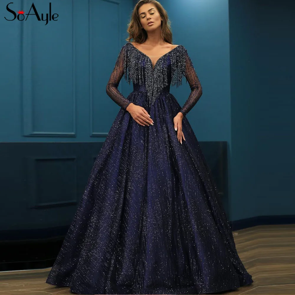 Deep blue long sleeve evening gown