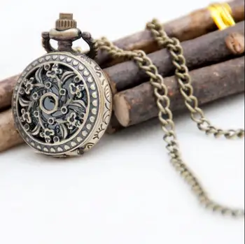 

Vintage Bronze pendants Fashion quartz Hollow out flowers Gifts for children Necklace pocket watches