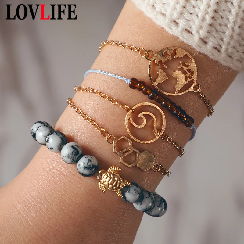 

5pcs/set New Bead Bracelet World Map Turtle Round Ball Gold Color Hollow Spray Hexagon Rope Bracelets Set Fashion Women Anklet