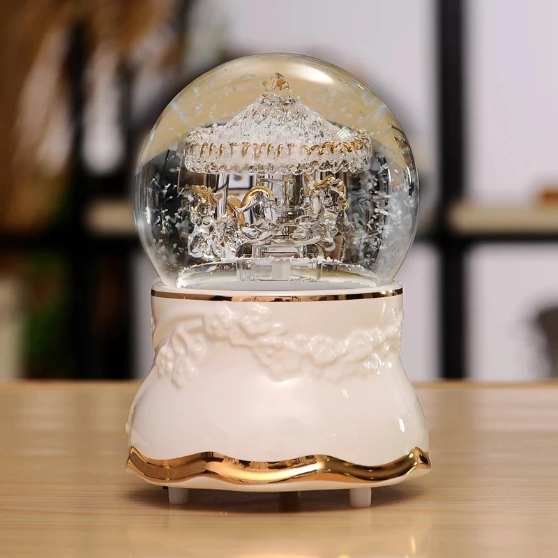 

11*16CM Carousel Bluetooth Wireless Connection LED Snow Globes Glass Music Box Home Decor Birthday Christmas Gifts For Girls