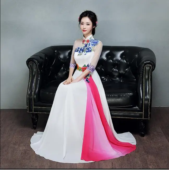 Women Embroidery Evening Chinese Dress White Cheongsam Qipao Long Summer | Тематическая одежда и униформа