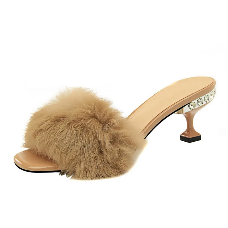 

2019 Brand Crystal High Heel Shoes Ladies Slippers Women Summer Fur Slippers Sandals Rhinestone Woman Slides DS-C0220