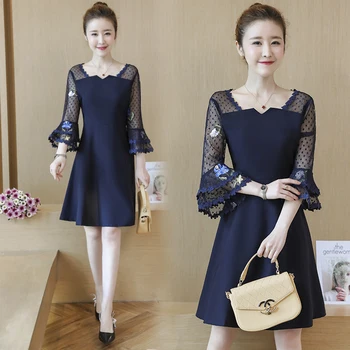 

Large size ladies dress summer new net yarn stitching embroidery dress a-line korean fashion blue vestido size L -5XL lace top