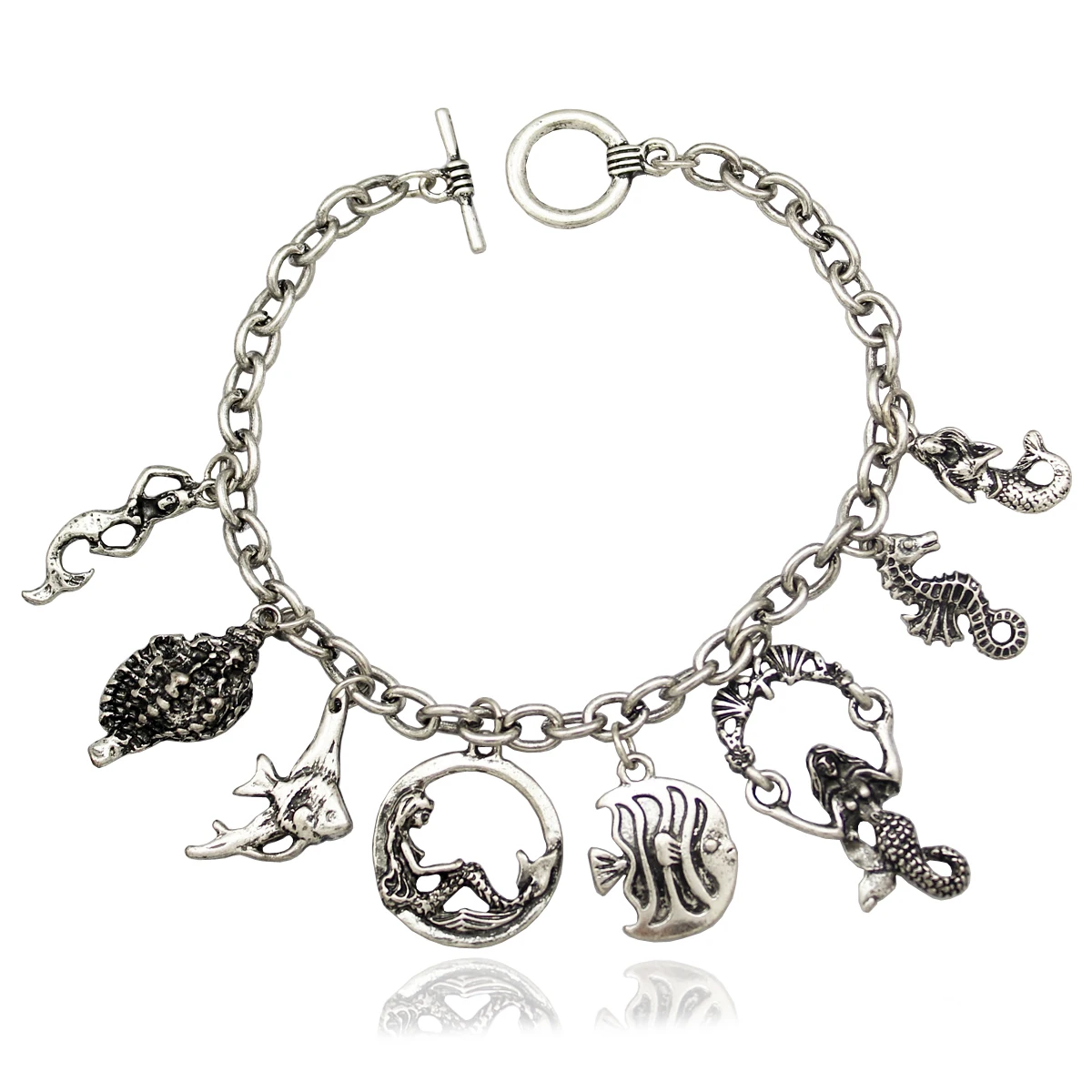 Retro Princess Ariel Mermaid Sea Horse Conch Charm Toggle Cuff Bangle Chain Bracelets For Women bileklik pulseira feminina DIY | Украшения