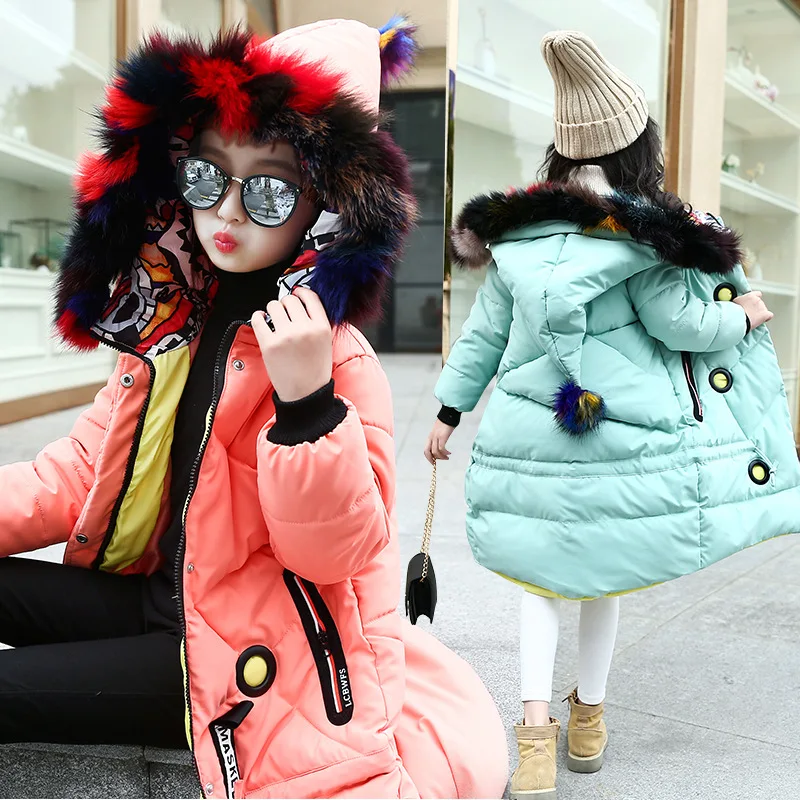 

Retail 1Pcs Girls Winter Colorful Fur Collar Hooded Cotton-padded Jacket Outerwear Girls Long Style Warm Outdoor Snow proof Coat