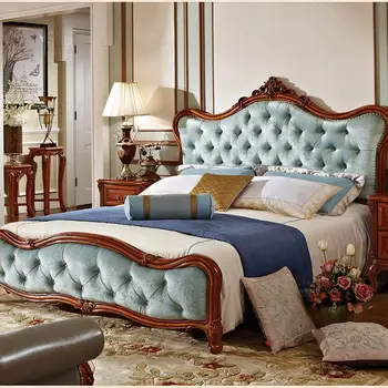 

Neo-classical French Style furniture solid wood blue genuine leather Tufted bed