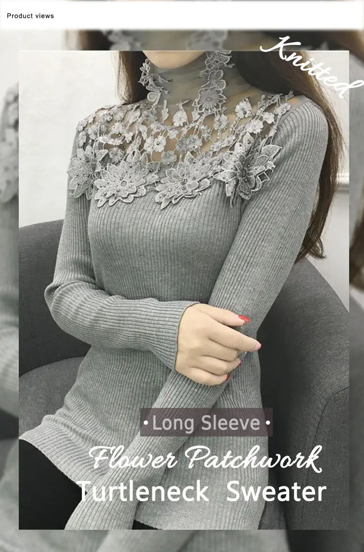 Autumn Winter Sweater Women 2019 Flower Lace Jumper Pull Femm Pink Knitted Sweater Casual Turtleneck Long Sleeve Sueter Mujer (1)