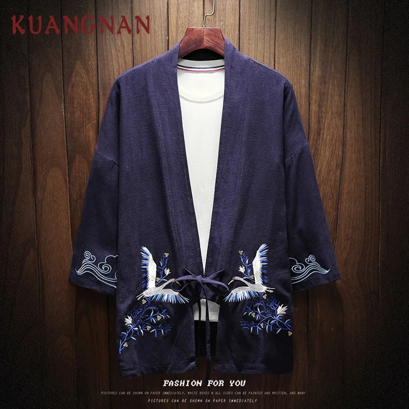 Мужской кардиган с вышивкой KUANGNAN Crane кимоно рубашка 5XL одежда японское летняя