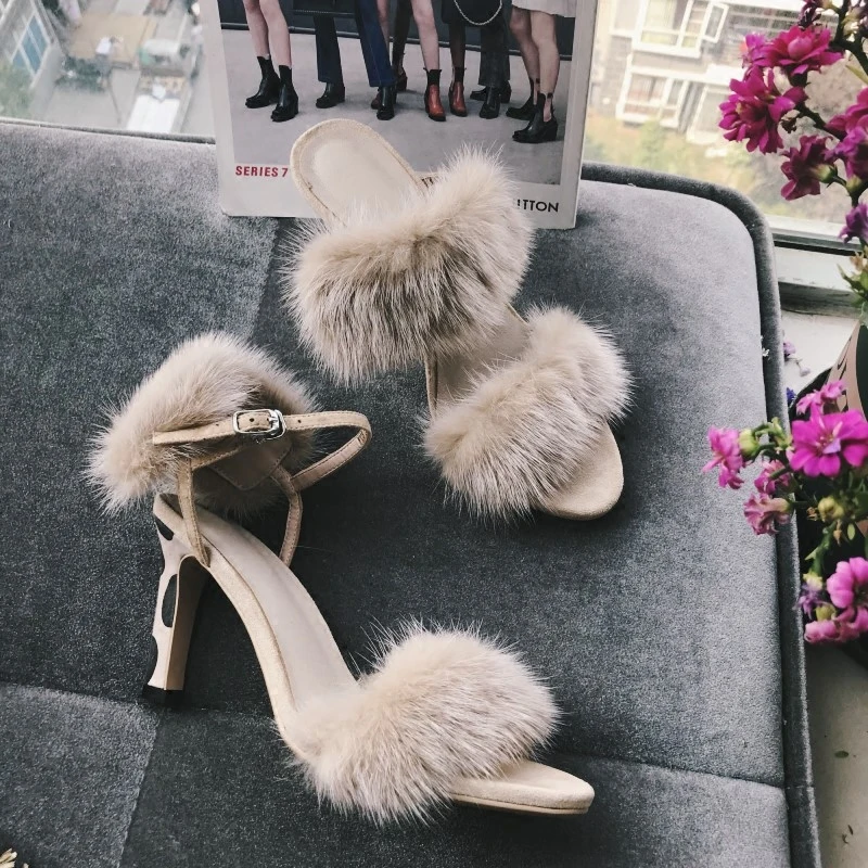 

Hot Shoes Woman Mink Hair Open Toe Ankle Strap Sandals Shoes Woman Designer Suede Sandals High Hoof Heels Party Wedding Sandals