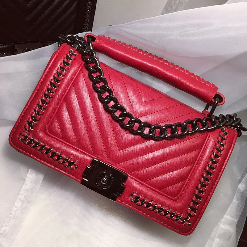 

Quilted V Stripe Flap Women Fashion Chain Shoulder Bag Crossbody Purse Red Black Grey