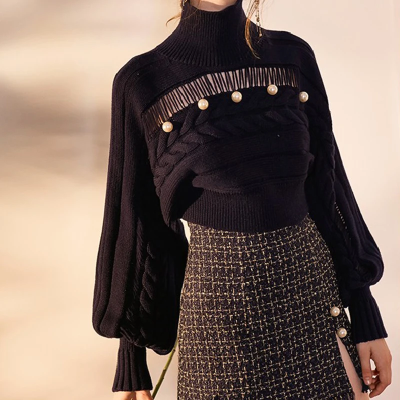 Pearls Sweater For Women Autumn Sexy Elegant 2018 New Arrival