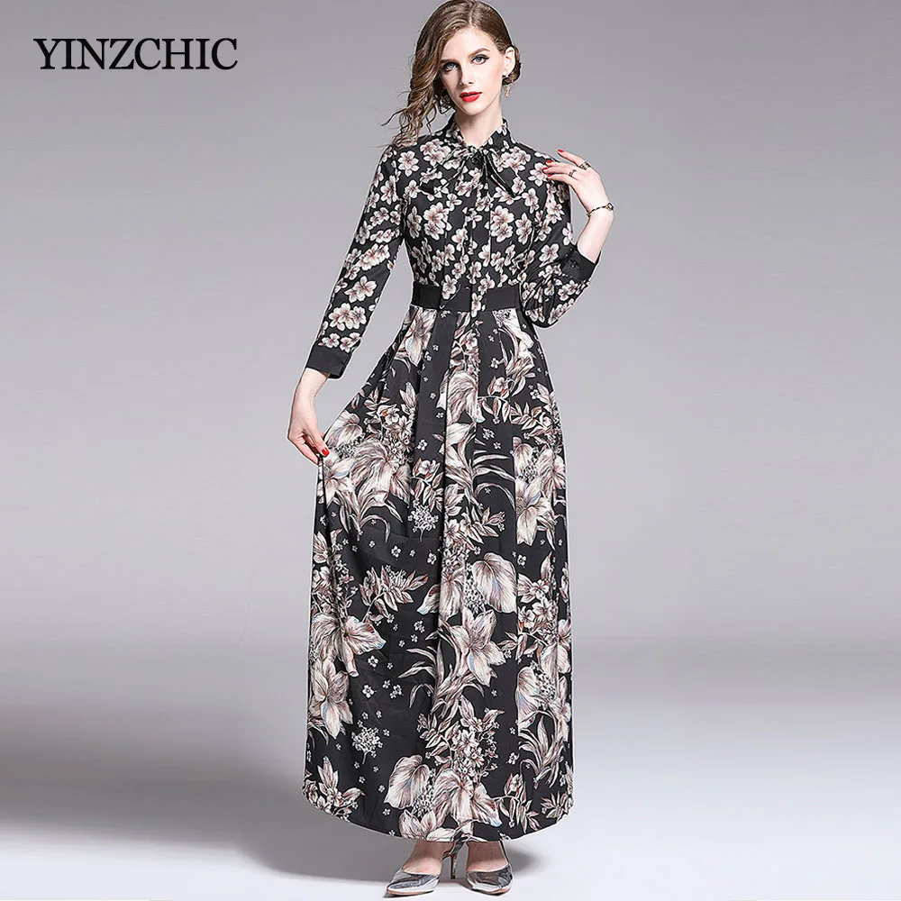 

Floral Printed Woman Autumn Long Dress Bow-neck Ladies Elegant Party Dresses Slim A-line Maxi Dress for Woman New 2019