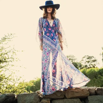 

V Neck Blue Swing Going Out Floral Maxi Dress Party Beach Maxi Dress Paneled Pleated Maxi Dress