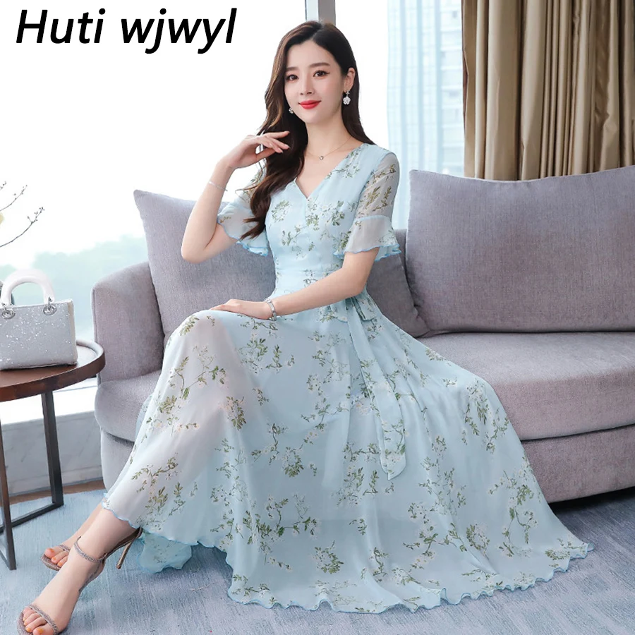 

2019 Blue Floral Chiffon Midi Dress Summer Vintage 3XL Plus Size Print Beach Maxi Sundress Elegant Women Bodycon Party Vestidos