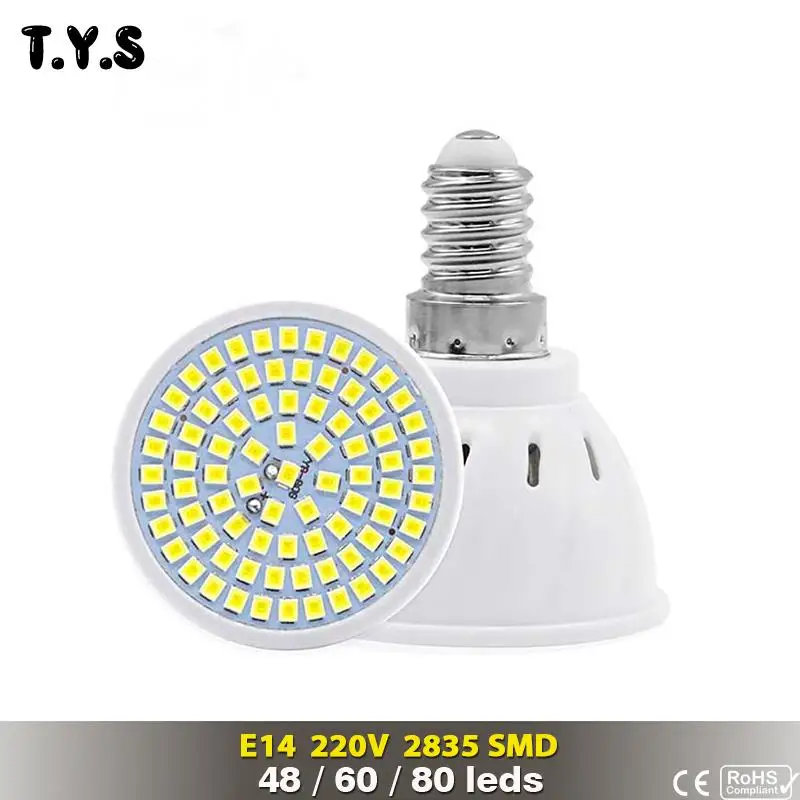 Bombillas светодиодный E14 лампочка 220 В ампулы 2835 SMD 48 60 80 светодиодные прожекторы