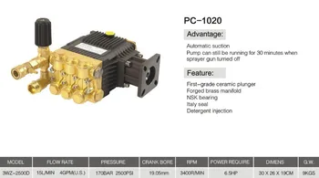 

PC-1020 compact all copper high pressure washing plunger pump 170Bar 15L/min 6.5hp