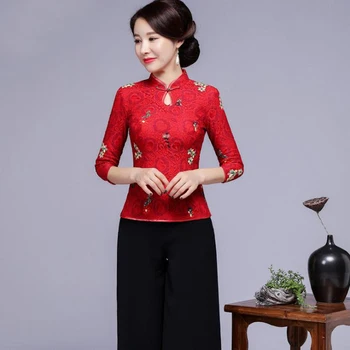

Oversize 4XL Chinese Women Embroidery Flower Top Sexy Lace Mandarin Collar Shirts Blouse Novelty Vintage Half Sleeve Tops