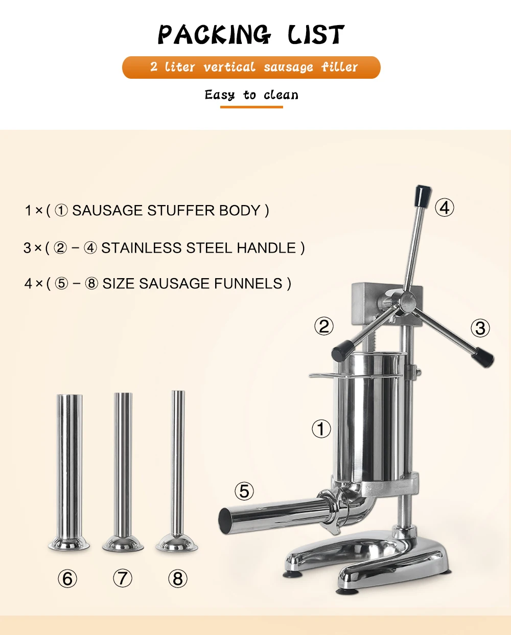 Manual 2L Sausage Stuffer Sausage Maker Stainless Steel Meat Filling Machine With 4 Funnels Sausage Filler Kitchen Meat Tools