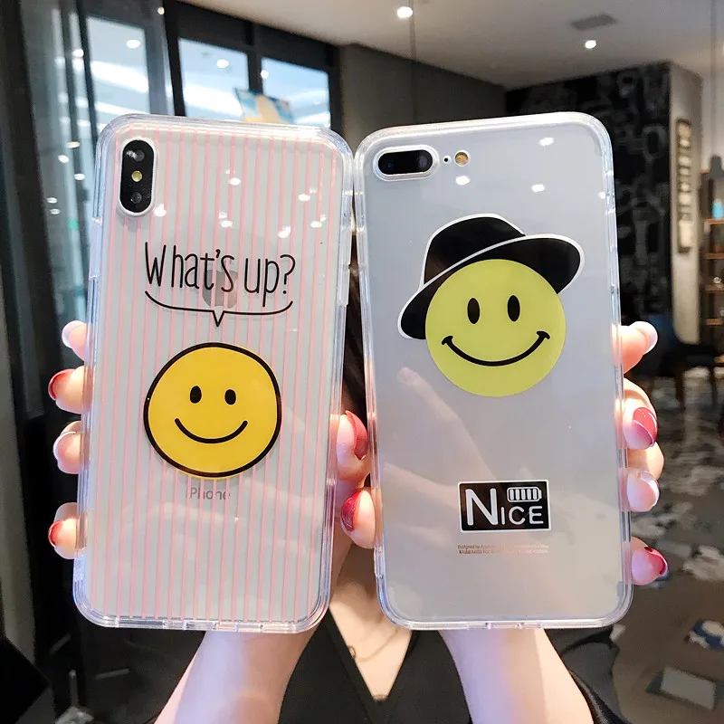 

Cute Phone Couple Cases for iPhone X Smile Face Funny Cartoon Glass Case Cover for iPhone 6 6s 7 8 Plus X XS XR XSMax