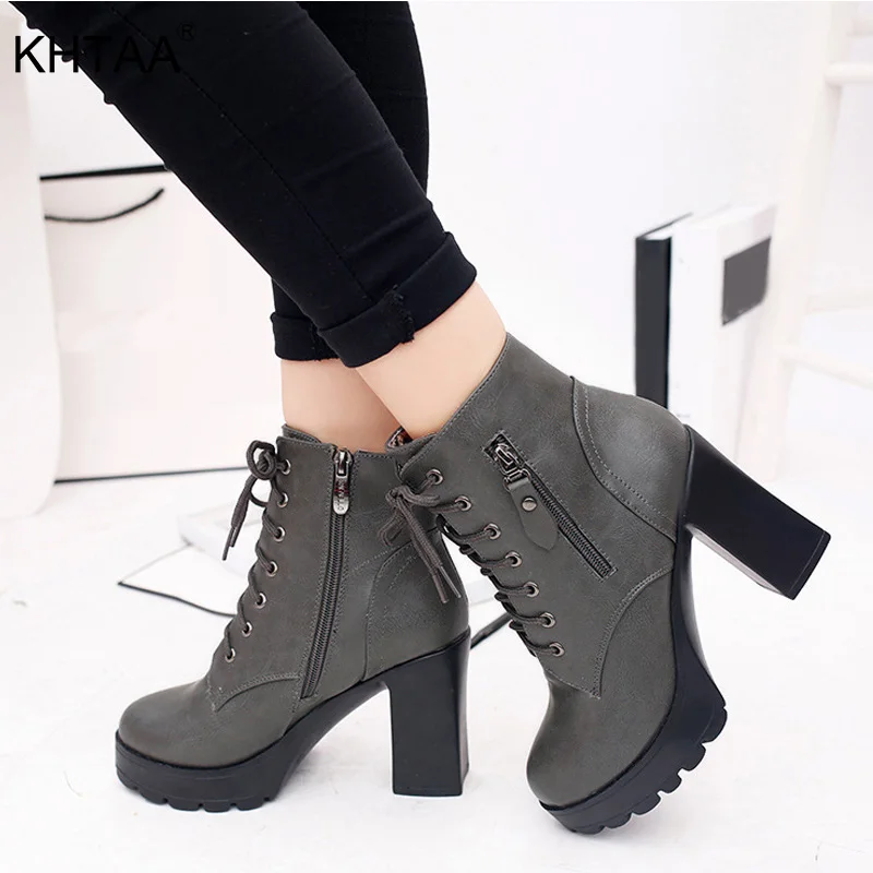 

New Women Ankle Boots Lace-Up Zip Martin Boot Square Thick Heel High Quality PU Platform Autumn Winter Fashion Fur Shoes Ladies