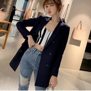 

New Fashion Spring Autumn Double Breasted Solid Blazer Women Notched Collar Long Sleeve Thin Jackets
