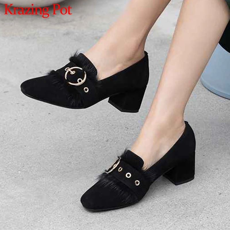

Krazing Pot 2019 sheep suede med heels square toe slip on vintage retro tassel metal buckle fringe shallow European pumps L8f6